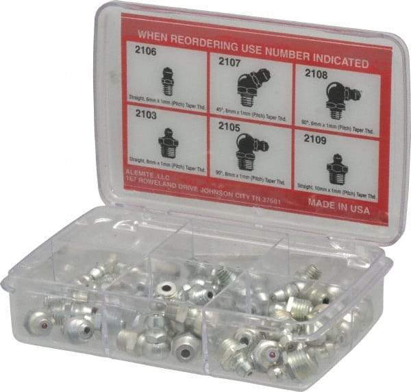 Alemite - 44 Piece, Metric, Box Grease Fitting Set - Includes Metric Thread Types, Includes M10x1: (10) Straight, M6x1: (10) Straight, (6) 45°, (6) 90°, M8x1: (6) Straight, (6) 90° - Makers Industrial Supply