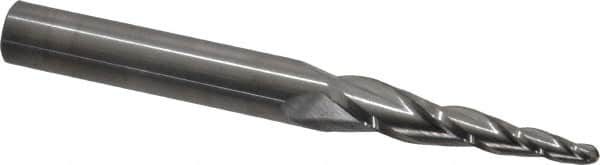 SGS - 5° Taper Angle per Side, 1/8" Small End Diam, 1-1/2" LOC, Solid Carbide 3 Flute Tapered Ball End Mill - 3-1/2" OAL, 3/8" Shank Diam, Spiral Flute, 28° Helix - Makers Industrial Supply