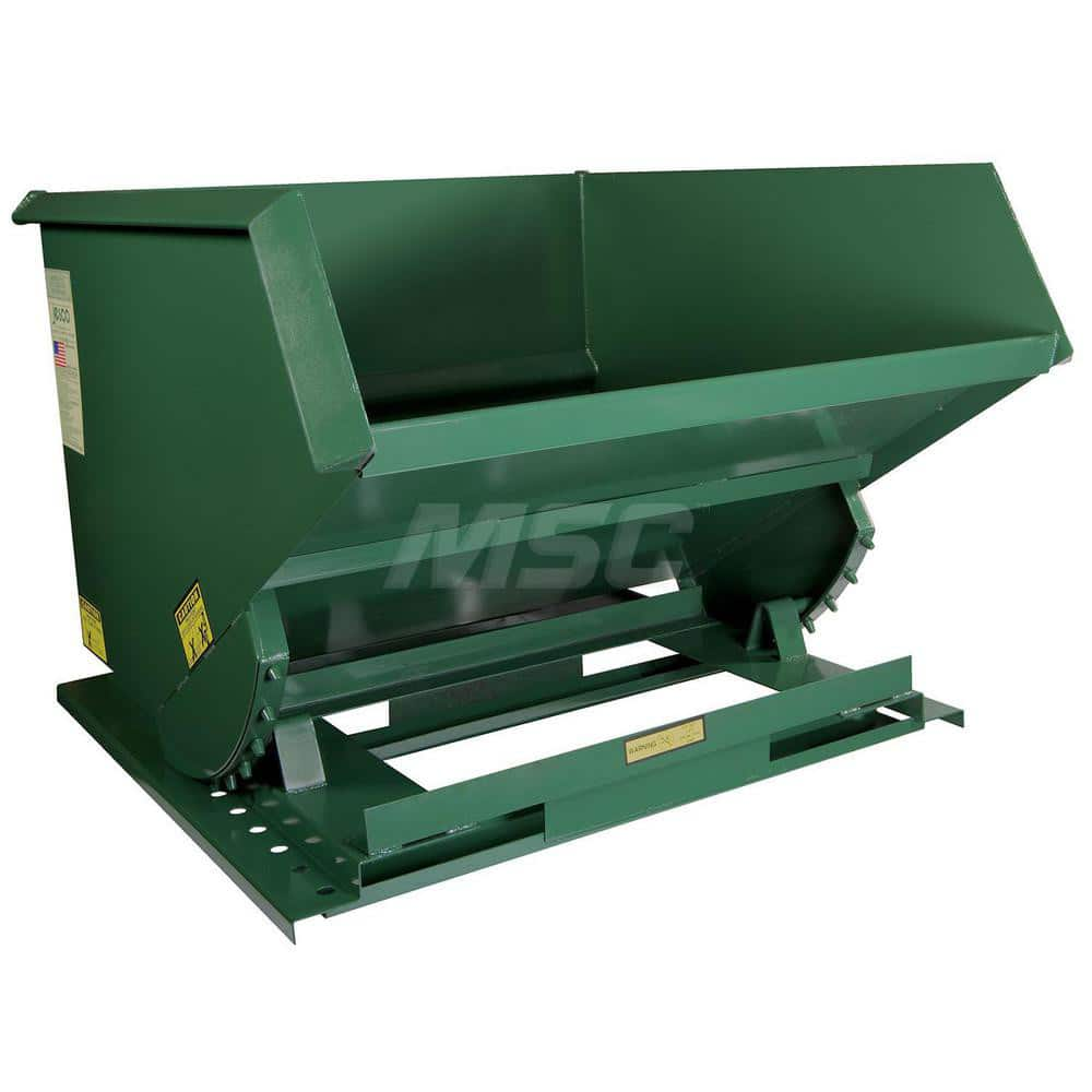 Stationary Tilt Hopper: 2,000 lb Capacity, 60″ Wide, 64″ Long, 46″ High Green, Powder Coated Steel, Hand Control