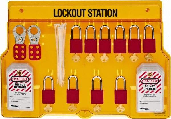 Master Lock - 14 Piece, Equipped Polycarbonate Padlock Station - 22 Inch Wide x 15-1/2 Inch High x 1-3/4 Inch Deep, Black on Yellow, Covered - Makers Industrial Supply