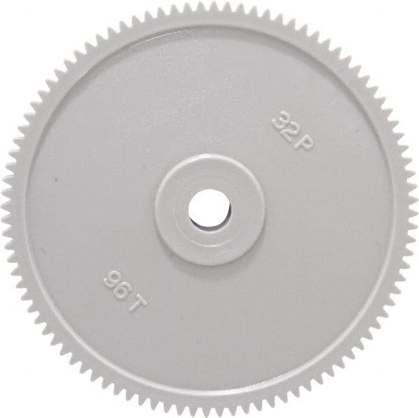 Made in USA - 32 Pitch, 3" Pitch Diam, 3-1/16" OD, 96 Tooth Spur Gear - 3/16" Face Width, 5/16" Bore Diam, 13/16" Hub Diam, 20° Pressure Angle, Acetal - Makers Industrial Supply