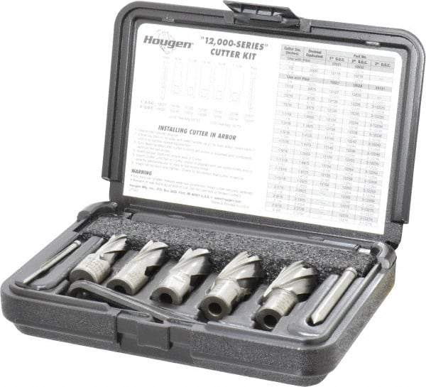 Hougen - 8 Piece, 9/16 to 1-1/16" Cutter Diam, 1" Cutting Depth, High Speed Steel Annular Cutter Set - Bright Finish, 3/4" Shank Diam, 9/16, 11/16, 13/16, 15/16, 1-1/16" Cutter Diams, 2 Flats on Shank - Makers Industrial Supply