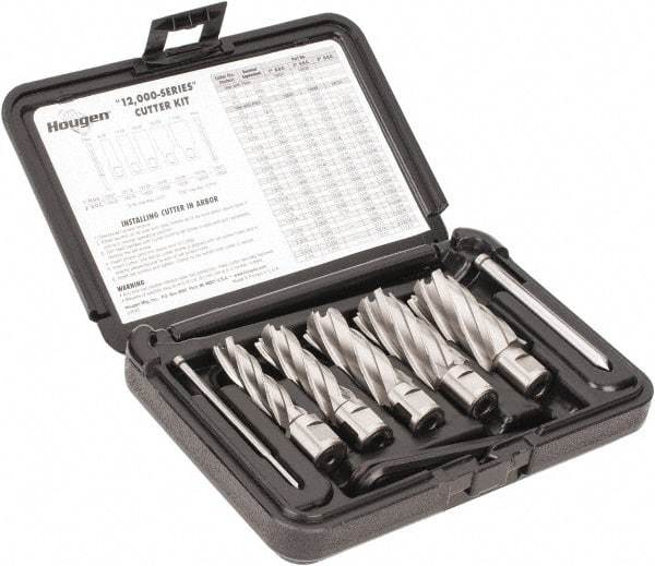 Hougen - 8 Piece, 9/16 to 1-1/16" Cutter Diam, 2" Cutting Depth, High Speed Steel Annular Cutter Set - Bright Finish, 3/4" Shank Diam, 9/16, 11/16, 13/16, 15/16, 1-1/16" Cutter Diams, 2 Flats on Shank - Makers Industrial Supply