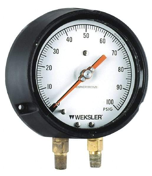 Weksler Instruments - 4-1/2" Dial, 1/4 Thread, 0-160 Scale Range, Pressure Gauge - Lower Connection, Rear Flange Connection Mount - Makers Industrial Supply