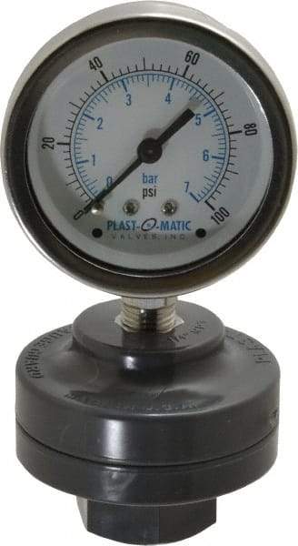 Plast-O-Matic - 100 Max psi, 2 Inch Dial Diameter, PVC Pressure Gauge Guard and Isolator - 3% Accuracy - Makers Industrial Supply