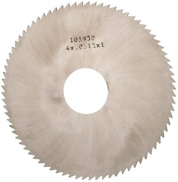 Made in USA - 4" Diam x 0.0312" Blade Thickness x 1" Arbor Hole Diam, 80 Tooth Slitting and Slotting Saw - Arbor Connection, Right Hand, Uncoated, Solid Carbide, 5° Rake, Concave Ground - Makers Industrial Supply