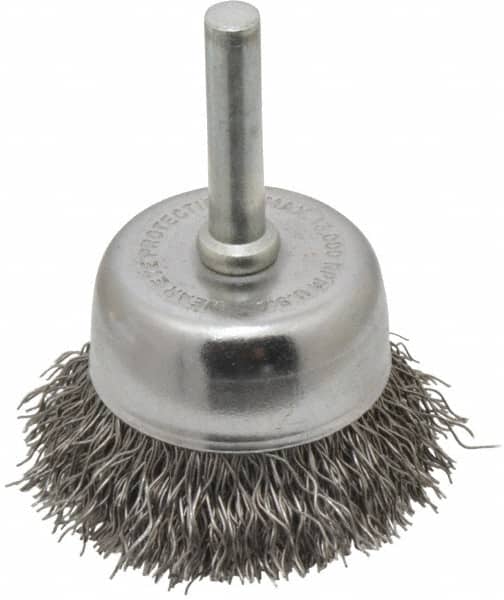 Made in USA - 1-3/4" Diam, 1/4" Shank Crimped Wire Steel Cup Brush - 0.014" Filament Diam, 3/4" Trim Length, 13,000 Max RPM - Makers Industrial Supply