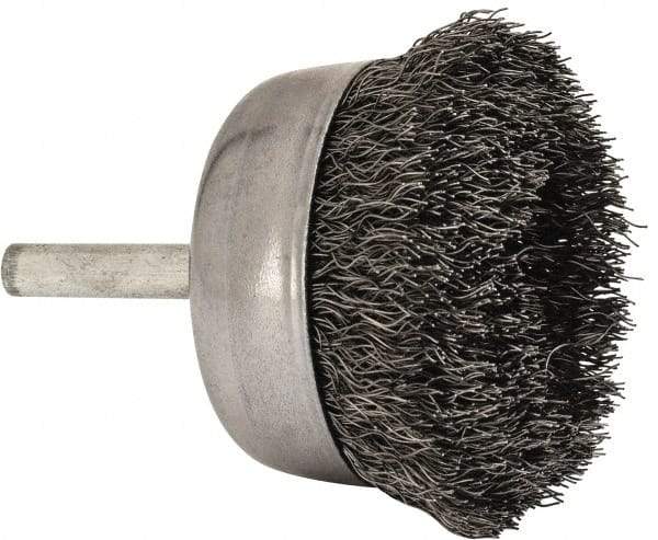 Made in USA - 2-1/4" Diam, 1/4" Shank Crimped Wire Steel Cup Brush - 0.0104" Filament Diam, 5/8" Trim Length, 13,000 Max RPM - Makers Industrial Supply