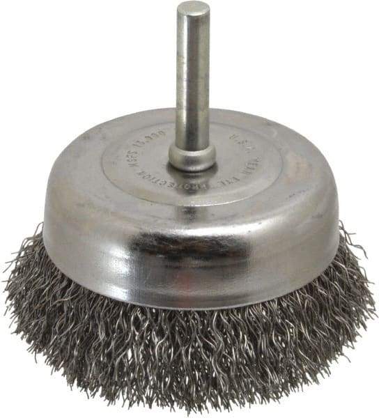 Made in USA - 2-3/4" Diam, 1/4" Shank Crimped Wire Steel Cup Brush - 0.0118" Filament Diam, 7/8" Trim Length, 13,000 Max RPM - Makers Industrial Supply