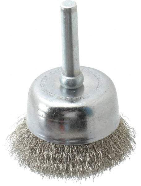 Made in USA - 1-3/4" Diam, 1/4" Shank Crimped Wire Stainless Steel Cup Brush - 0.006" Filament Diam, 3/4" Trim Length, 13,000 Max RPM - Makers Industrial Supply