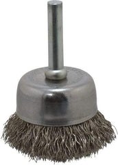 Made in USA - 1-3/4" Diam, 1/4" Shank Crimped Wire Stainless Steel Cup Brush - 0.0104" Filament Diam, 3/4" Trim Length, 13,000 Max RPM - Makers Industrial Supply