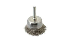 Made in USA - 1-3/4" Diam, 1/4" Shank Crimped Wire Stainless Steel Cup Brush - 0.014" Filament Diam, 3/4" Trim Length, 13,000 Max RPM - Makers Industrial Supply