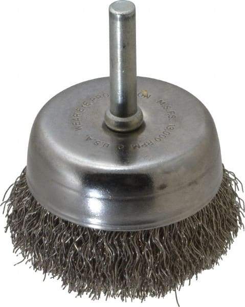 Made in USA - 2-1/4" Diam, 1/4" Shank Crimped Wire Stainless Steel Cup Brush - 0.0118" Filament Diam, 5/8" Trim Length, 13,000 Max RPM - Makers Industrial Supply