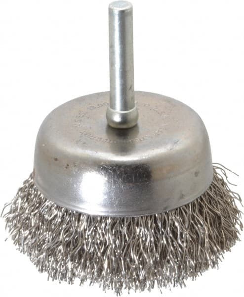 Made in USA - 2-1/4" Diam, 1/4" Shank Crimped Wire Stainless Steel Cup Brush - 0.014" Filament Diam, 5/8" Trim Length, 13,000 Max RPM - Makers Industrial Supply