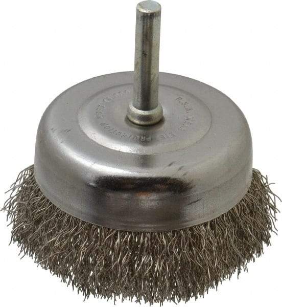 Made in USA - 2-3/4" Diam, 1/4" Shank Crimped Wire Stainless Steel Cup Brush - 0.0118" Filament Diam, 7/8" Trim Length, 13,000 Max RPM - Makers Industrial Supply