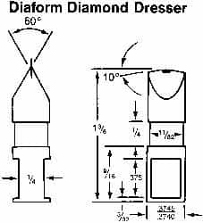 Made in USA - 0.015" Radius Single Point Diaform Diamond Dresser - 1-3/4" Long x 1/4" Shank Diam, 60° Included Angle - Makers Industrial Supply