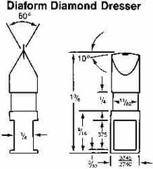 Made in USA - 0.015" Radius Single Point Diaform Diamond Dresser - 1-3/8" Long x 1/4" Shank Diam, 60° Included Angle - Makers Industrial Supply