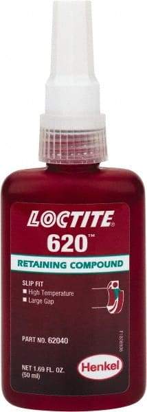 Loctite - 50 mL Bottle, Green, Medium Strength Liquid Retaining Compound - Series 620, 24 hr Full Cure Time, Heat Removal - Makers Industrial Supply