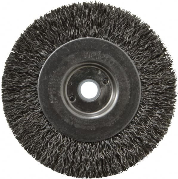 Weiler - 4" OD, 1/2" Arbor Hole, Crimped Steel Wheel Brush - 1/2" Face Width, 7/8" Trim Length, 0.014" Filament Diam, 12,500 RPM - Makers Industrial Supply