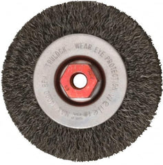 Weiler - 4" OD, M10x1.50 Arbor Hole, Crimped Steel Wheel Brush - 1/2" Face Width, 7/8" Trim Length, 0.014" Filament Diam, 14,000 RPM - Makers Industrial Supply