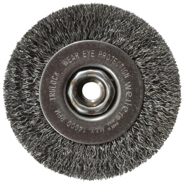 Weiler - 4" OD, 1/2-13 Arbor Hole, Crimped Steel Wheel Brush - 1/2" Face Width, 7/8" Trim Length, 0.014" Filament Diam, 14,000 RPM - Makers Industrial Supply