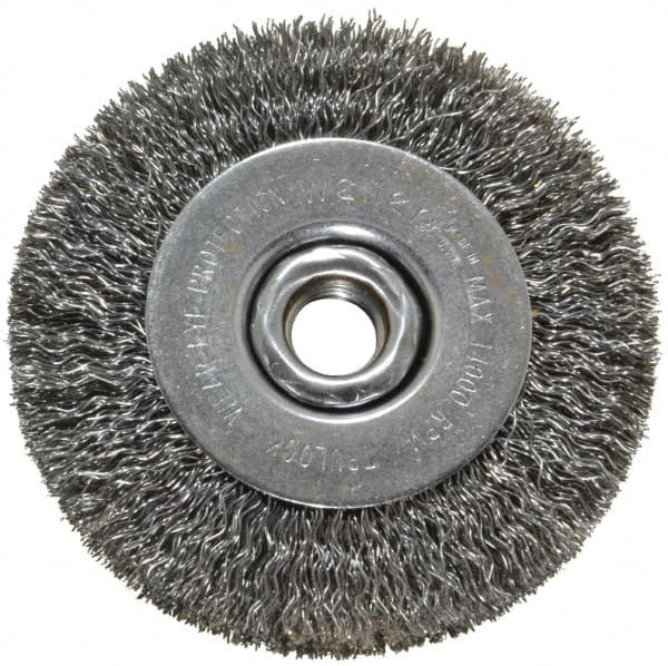 Weiler - 4" OD, 5/8-11 Arbor Hole, Crimped Steel Wheel Brush - 1/2" Face Width, 7/8" Trim Length, 0.014" Filament Diam, 14,000 RPM - Makers Industrial Supply