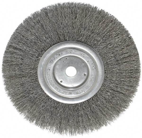 Weiler - 8" OD, 5/8" Arbor Hole, Crimped Steel Wheel Brush - 3/4" Face Width, 2-1/16" Trim Length, 0.0104" Filament Diam, 6,000 RPM - Makers Industrial Supply