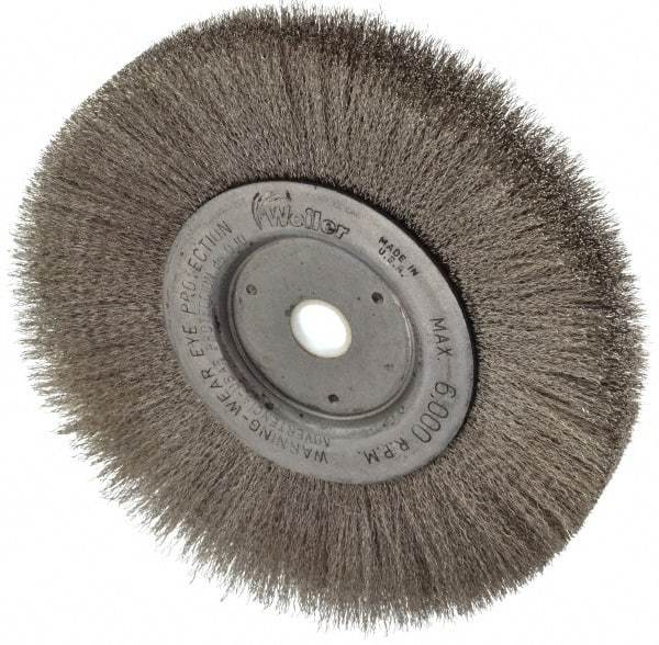 Weiler - 6" OD, 5/8" Arbor Hole, Crimped Stainless Steel Wheel Brush - 3/4" Face Width, 1-7/16" Trim Length, 0.006" Filament Diam, 6,000 RPM - Makers Industrial Supply