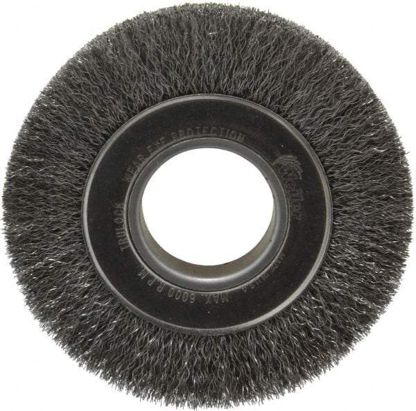 Weiler - 6" OD, 2" Arbor Hole, Crimped Steel Wheel Brush - 1" Face Width, 1-1/8" Trim Length, 0.0104" Filament Diam, 6,000 RPM - Makers Industrial Supply