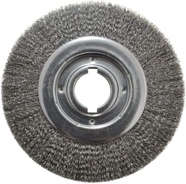 Weiler - 10" OD, 2" Arbor Hole, Crimped Steel Wheel Brush - 1-1/8" Face Width, 2" Trim Length, 0.014" Filament Diam, 3,600 RPM - Makers Industrial Supply