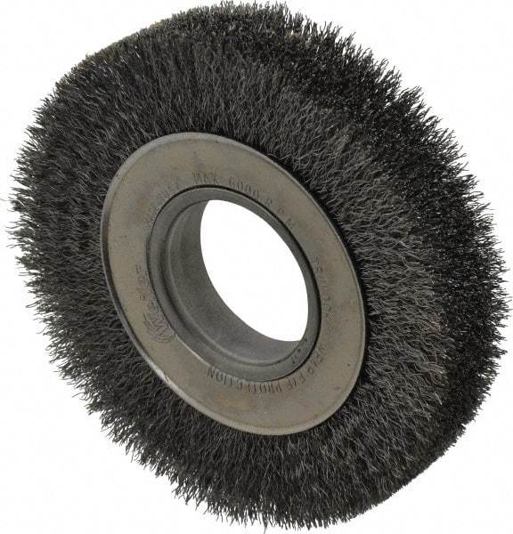 Weiler - 6" OD, 2" Arbor Hole, Crimped Steel Wheel Brush - 1-1/4" Face Width, 1-1/8" Trim Length, 0.0104" Filament Diam, 6,000 RPM - Makers Industrial Supply