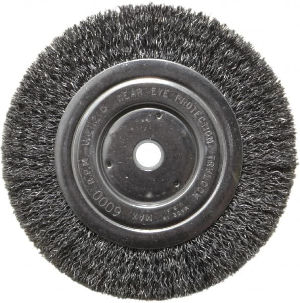 Weiler - 6" OD, 5/8" Arbor Hole, Crimped Steel Wheel Brush - 5/8" Face Width, 1-1/16" Trim Length, 0.014" Filament Diam, 6,000 RPM - Makers Industrial Supply