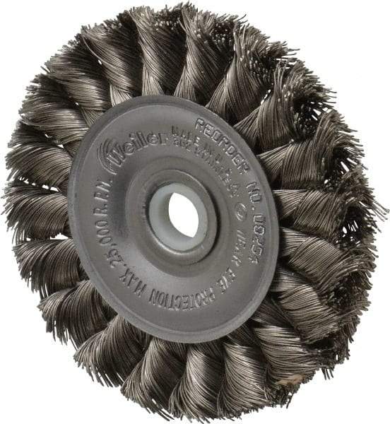 Weiler - 3" OD, 1/2" Arbor Hole, Knotted Stainless Steel Wheel Brush - 3/8" Face Width, 5/8" Trim Length, 0.0118" Filament Diam, 25,000 RPM - Makers Industrial Supply