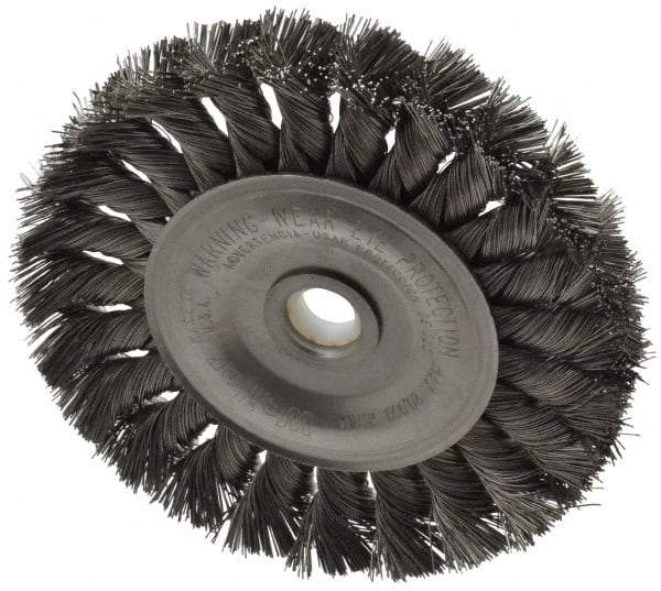 Weiler - 4" OD, 1/2" Arbor Hole, Knotted Steel Wheel Brush - 1/2" Face Width, 7/8" Trim Length, 0.0118" Filament Diam, 20,000 RPM - Makers Industrial Supply