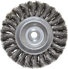 Weiler - 4" OD, 1/2" Arbor Hole, Knotted Steel Wheel Brush - 1/2" Face Width, 7/8" Trim Length, 0.014" Filament Diam, 20,000 RPM - Makers Industrial Supply