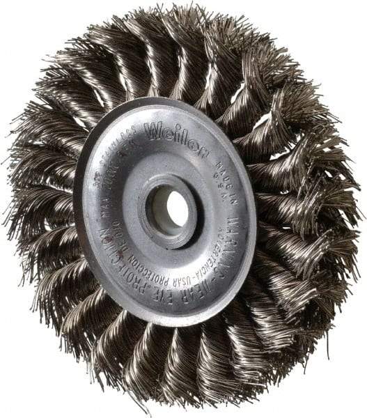 Weiler - 4" OD, 1/2" Arbor Hole, Knotted Stainless Steel Wheel Brush - 1/2" Face Width, 7/8" Trim Length, 0.014" Filament Diam, 20,000 RPM - Makers Industrial Supply