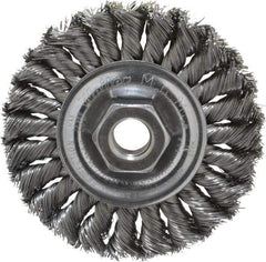 Weiler - 4" OD, 5/8-11 Arbor Hole, Knotted Steel Wheel Brush - 1/2" Face Width, 7/8" Trim Length, 0.014" Filament Diam, 20,000 RPM - Makers Industrial Supply