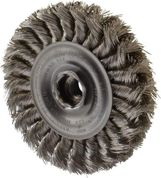 Weiler - 4" OD, 1/2-13 Arbor Hole, Knotted Stainless Steel Wheel Brush - 1/2" Face Width, 7/8" Trim Length, 0.014" Filament Diam, 20,000 RPM - Makers Industrial Supply