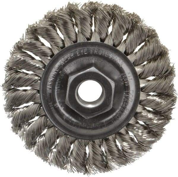 Weiler - 4" OD, 5/8-11 Arbor Hole, Knotted Stainless Steel Wheel Brush - 1/2" Face Width, 7/8" Trim Length, 0.014" Filament Diam, 20,000 RPM - Makers Industrial Supply