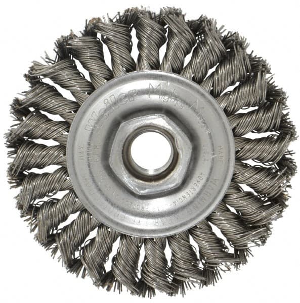 Weiler - 4" OD, 5/8-11 Arbor Hole, Knotted Steel Wheel Brush - 1/2" Face Width, 7/8" Trim Length, 0.02" Filament Diam, 20,000 RPM - Makers Industrial Supply