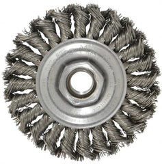 Weiler - 4" OD, 5/8-11 Arbor Hole, Knotted Steel Wheel Brush - 1/2" Face Width, 7/8" Trim Length, 0.02" Filament Diam, 20,000 RPM - Makers Industrial Supply