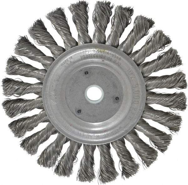 Weiler - 6" OD, 5/8" Arbor Hole, Knotted Steel Wheel Brush - 1/2" Face Width, 1-3/8" Trim Length, 0.0118" Filament Diam, 9,000 RPM - Makers Industrial Supply