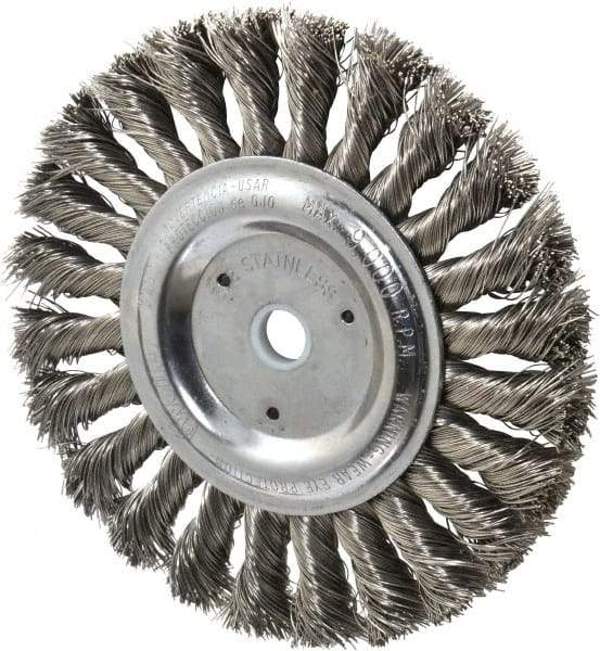 Weiler - 6" OD, 5/8" Arbor Hole, Knotted Stainless Steel Wheel Brush - 1/2" Face Width, 1-3/8" Trim Length, 0.016" Filament Diam, 9,000 RPM - Makers Industrial Supply