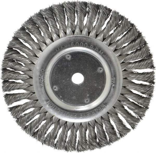 Weiler - 8" OD, 5/8" Arbor Hole, Knotted Steel Wheel Brush - 5/8" Face Width, 1-5/8" Trim Length, 0.014" Filament Diam, 6,000 RPM - Makers Industrial Supply