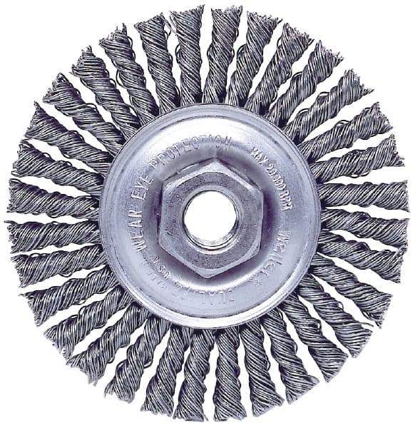 Weiler - 4" OD, M10x1.50 Arbor Hole, Knotted Stainless Steel Wheel Brush - 3/16" Face Width, 7/8" Trim Length, 0.02" Filament Diam, 20,000 RPM - Makers Industrial Supply