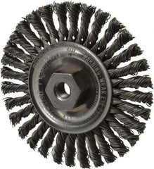 Weiler - 4" OD, 3/8-24 Arbor Hole, Knotted Steel Wheel Brush - 3/16" Face Width, 7/8" Trim Length, 0.02" Filament Diam, 20,000 RPM - Makers Industrial Supply