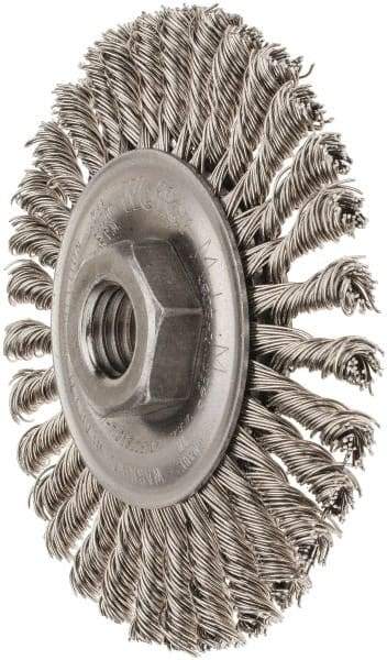 Weiler - 4" OD, 5/8-11 Arbor Hole, Knotted Stainless Steel Wheel Brush - 3/16" Face Width, 7/8" Trim Length, 0.02" Filament Diam, 20,000 RPM - Makers Industrial Supply