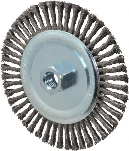 Weiler - 6" OD, 5/8-11 Arbor Hole, Knotted Steel Wheel Brush - 3/16" Face Width, 1-3/8" Trim Length, 0.02" Filament Diam, 12,500 RPM - Makers Industrial Supply