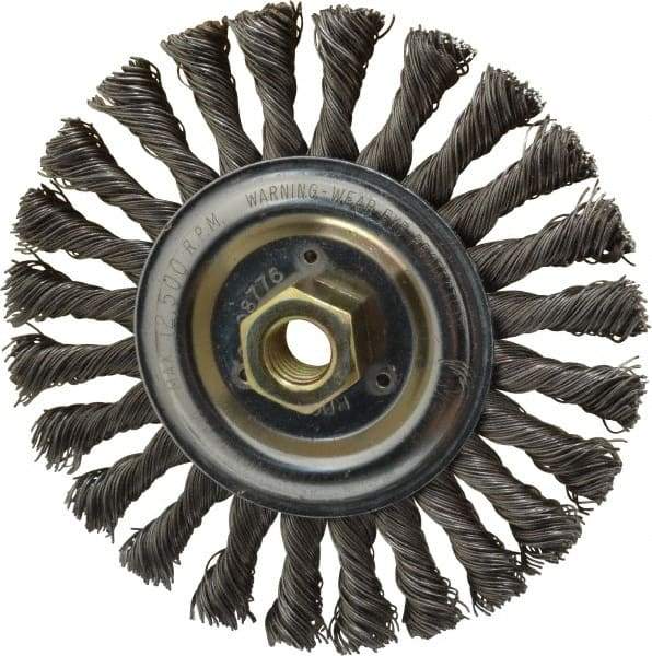 Weiler - 6" OD, 5/8-11 Arbor Hole, Knotted Steel Wheel Brush - 1/2" Face Width, 1-3/8" Trim Length, 0.023" Filament Diam, 12,500 RPM - Makers Industrial Supply