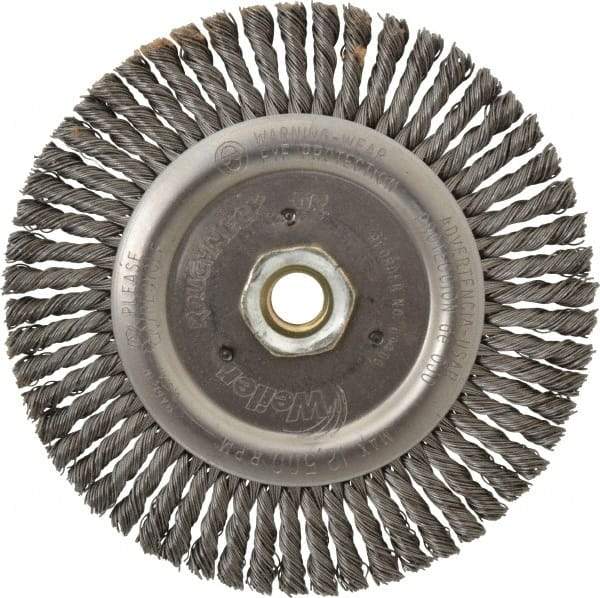 Weiler - 6" OD, 5/8-11 Arbor Hole, Knotted Steel Wheel Brush - 3/16" Face Width, 1-1/8" Trim Length, 0.02" Filament Diam, 12,500 RPM - Makers Industrial Supply